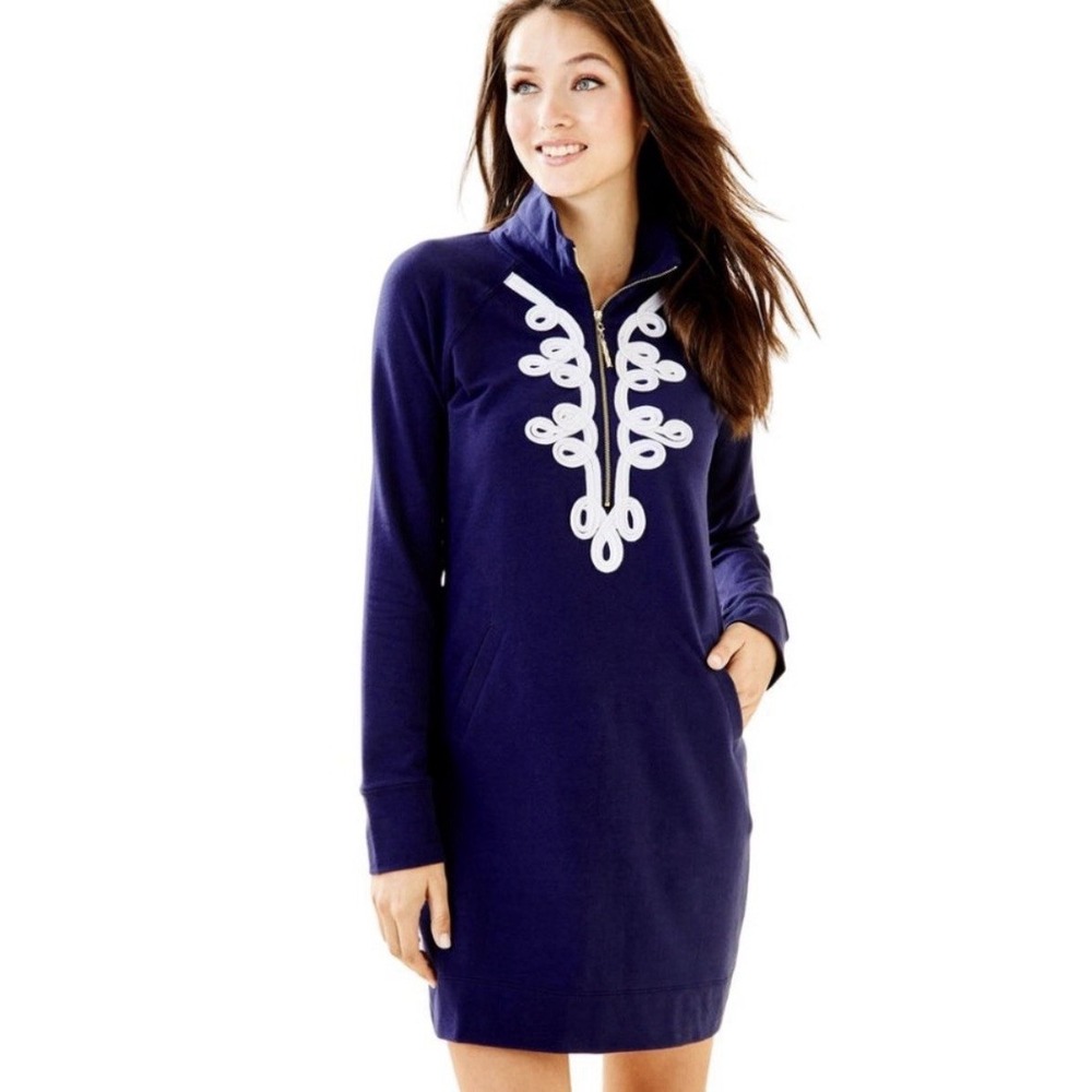 Lilly Pulitzer Navy Skipper Popover Dress Collared Half Zip Pockets Size M $148